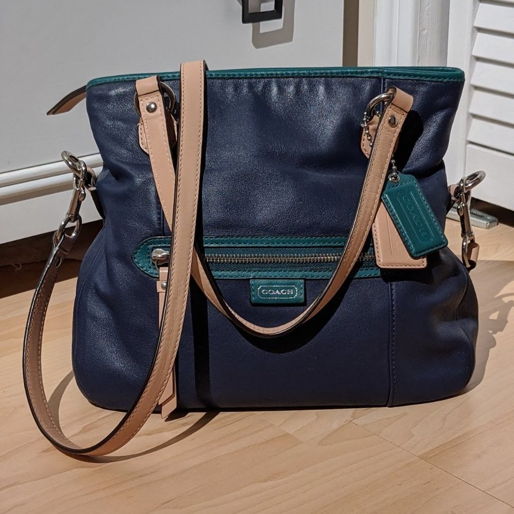 COACH Leather Crossbody Bag in Navy, Teal & Beige
